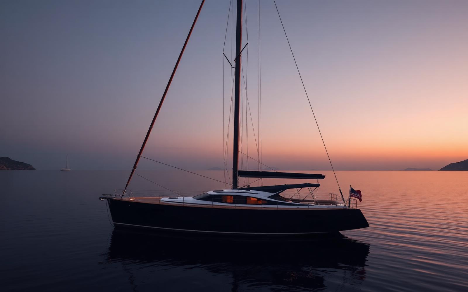 Voilier au mouillage en Méditerranée au coucher du soleil